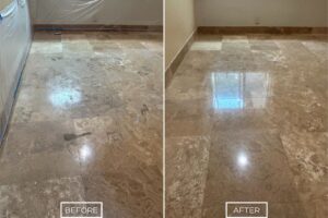 Travertine refinishing project in Huntington Beach