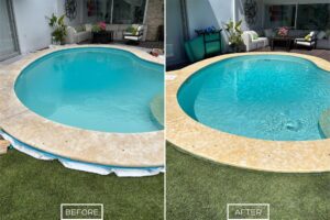 Travertine pool coping restoration project in Los Angeles