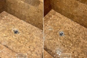 Travertine shower restoration project in Fountain Valley