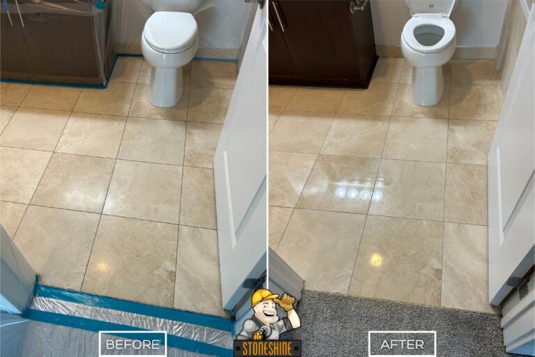 Before and after of StoneShine's travertine cleaning and sealing service in a Los Angeles bathroom. Dull tile floor restored to a clean, polished look without regrouting.