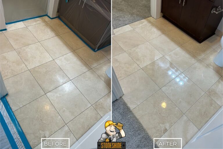 StoneShine's travertine cleaning and sealing in a Los Angeles bathroom. Floor transformed from stained and dull to a clean, moderately polished, and sealed without regrout.