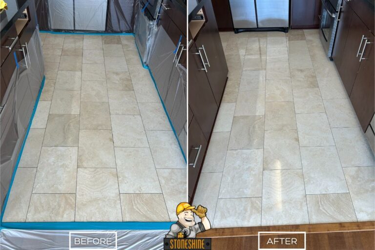 Before and after of StoneShine's travertine cleaning and sealing service in a Los Angeles kitchen. Light-colored tile renewed to a fresh, smooth finish without regrouting.
