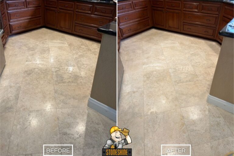 Before and after of StoneShine's travertine floor restoration in a Coto de Caza kitchen. Worn tiles restored to a clean, even matte finish for a refreshed look.