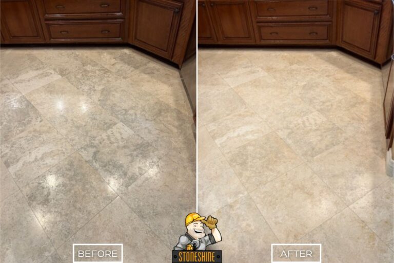 StoneShine's travertine floor restoration in Coto de Caza. Stained and uneven tiles transformed into a smooth, uniform matte surface.