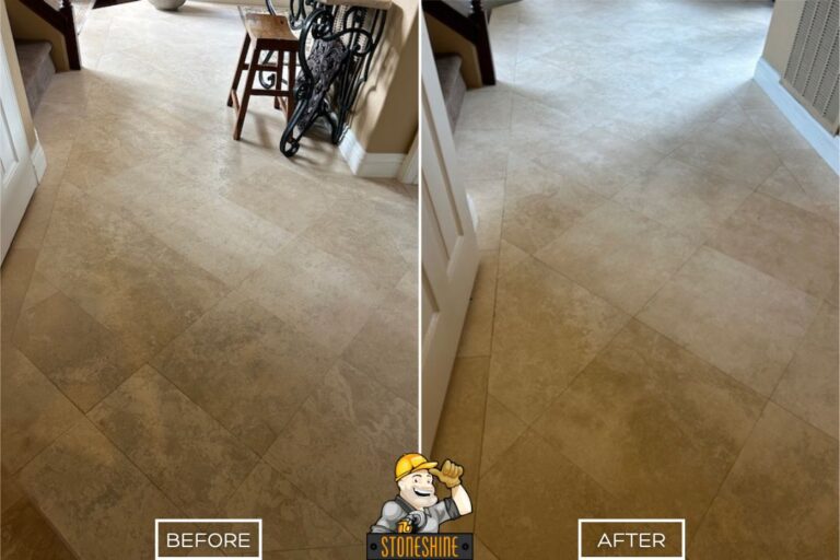 Before and after of travertine floor restoration by StoneShine in Coto de Caza. Dull hallway flooring renewed with a natural-looking matte finish.