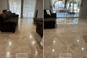 Travertine floor restoration project in Downey