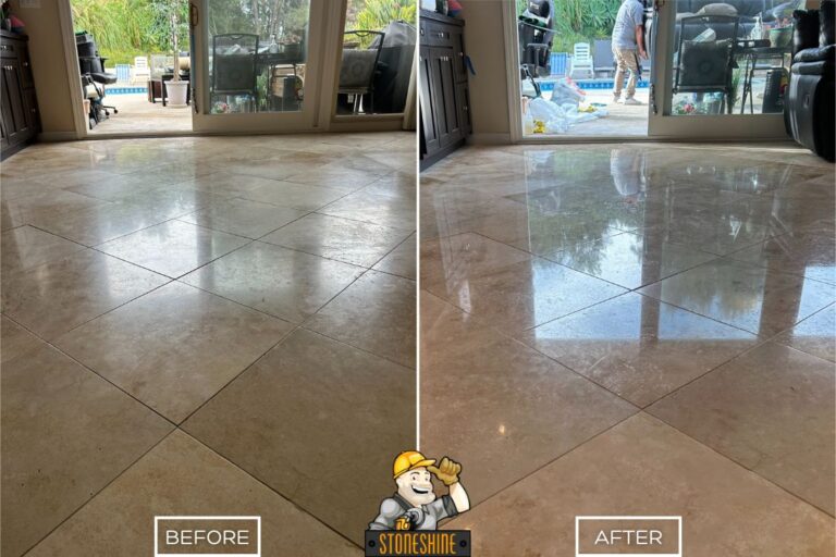 Before and after of StoneShine's travertine floor restoration in Palos Verdes Estates. A dull living area floor is refreshed with a moderate polish, giving it a smoother surface and subtle sheen.