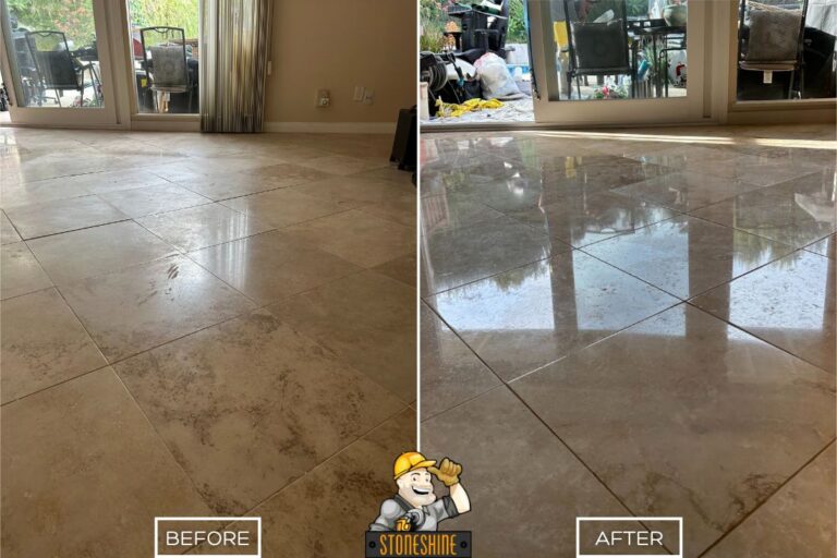 StoneShine's travertine floor restoration in Palos Verdes Estates. A worn indoor tile floor is improved with a moderate polish, enhancing its color and light reflection without a high-gloss finish.