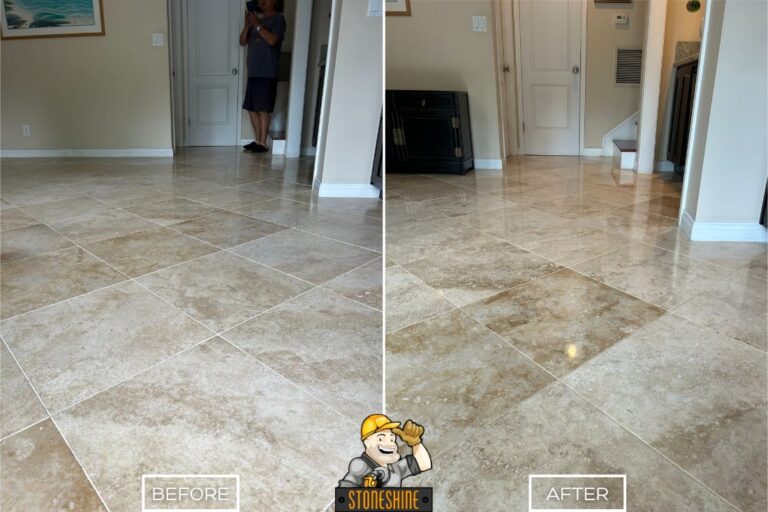 Before and after of StoneShine's travertine floor restoration in Palos Verdes Estates. A faded entryway floor is restored with a moderate polish for a cleaner, richer look and gentle shine.