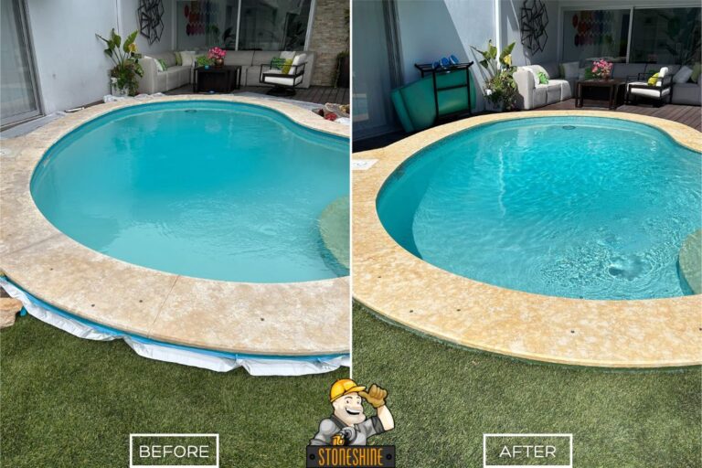Before and after of StoneShine's travertine restoration on pool coping in Los Angeles. Weathered stone edge revived to a smooth, clean, and vibrant finish.