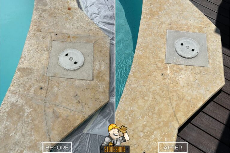 StoneShine's travertine restoration on Los Angeles pool coping. Stained and worn stone surface renewed to a fresh, even-toned finish around pool equipment access.