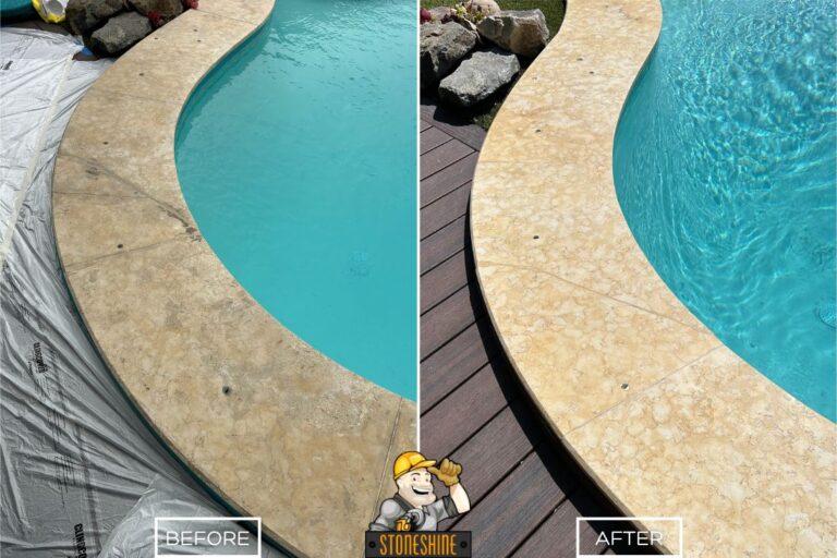 Before and after of travertine restoration by StoneShine in Los Angeles. Faded pool coping restored to a bright, clean, and natural stone appearance.