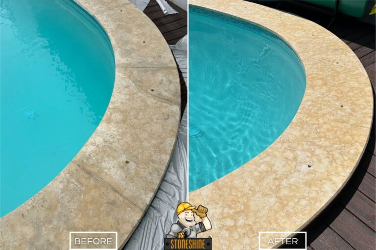 StoneShine's pool coping travertine restoration in Los Angeles. Discolored and weathered stone surface transformed to a smooth, refreshed look.