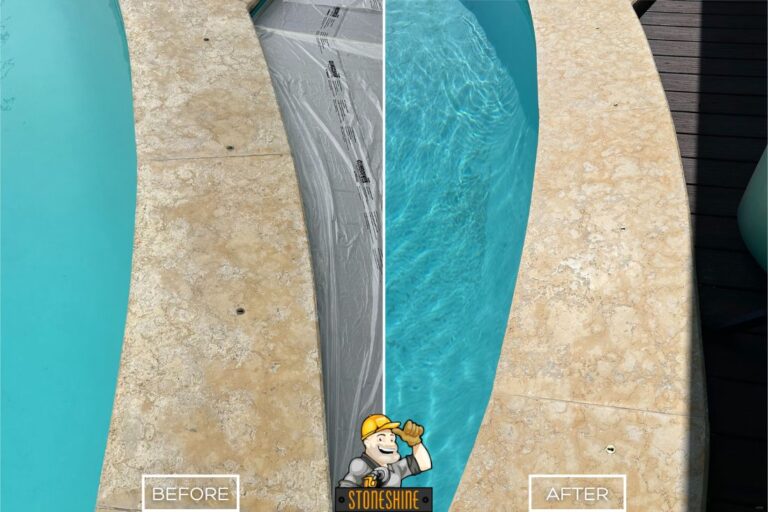 Before and after of travertine restoration on Los Angeles pool coping by StoneShine. Light-colored stone revived to its natural beauty with a clean, polished finish.