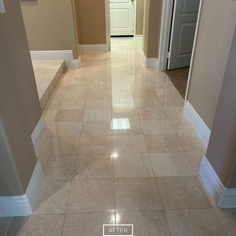 After marble hallway floor polishing in Tustin with glossy, smooth tiles free from scratches and etches.