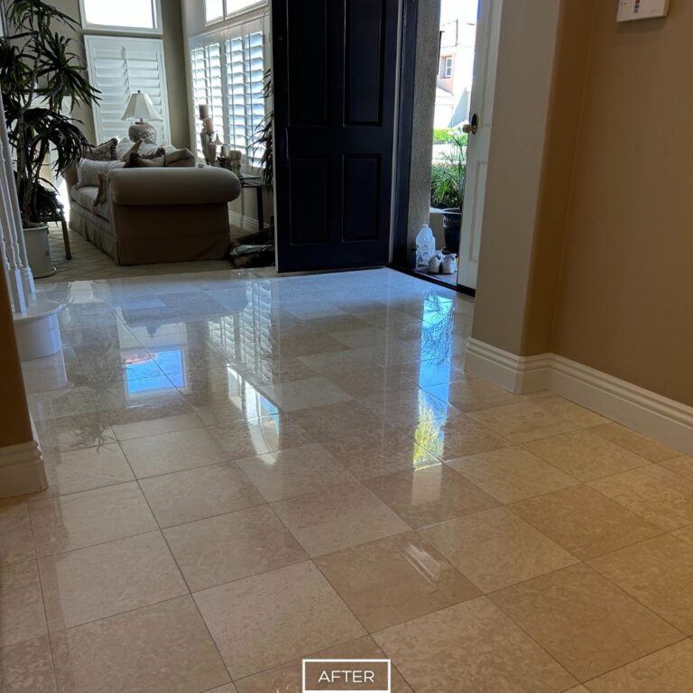 After marble floor restoration in Tustin front entryway with brilliant reflective shine creating an elegant first impression.