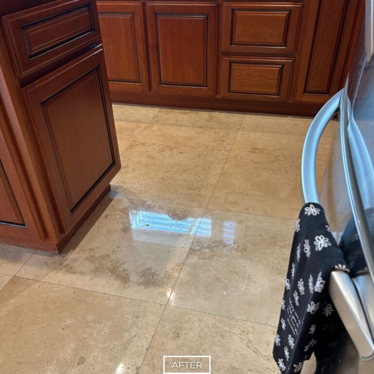 Kitchen travertine walkway in West Hollywood after polishing, showing smooth glossy finish and restored stone texture.