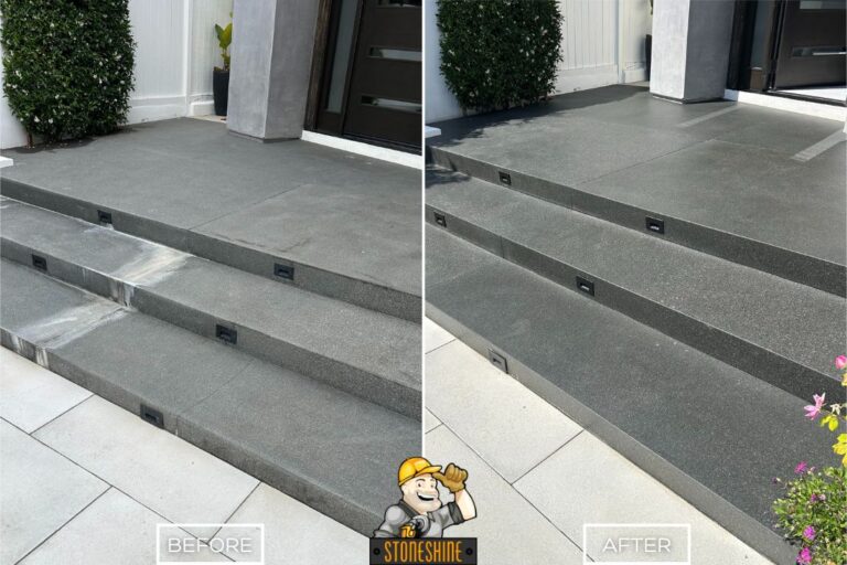 Before and after of StoneShine's concrete restoration in Newport Beach. Weathered entry steps with discoloration restored to a smooth, uniform finish.