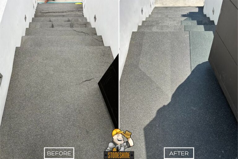 StoneShine's concrete restoration in Newport Beach. Cracked and stained outdoor stairs repaired and refinished to a clean, even look.