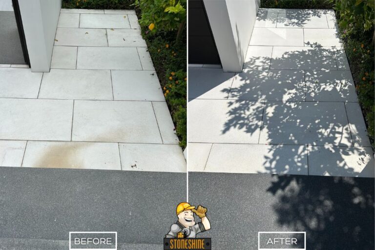 Before and after of concrete restoration by StoneShine in Newport Beach. Stained walkway tiles cleaned and restored to a bright, fresh appearance.