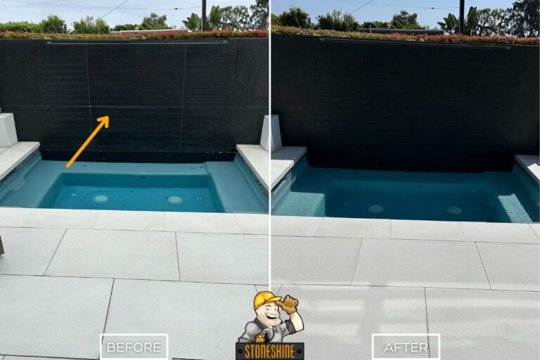 StoneShine's concrete restoration in Newport Beach. Discolored poolside wall and deck restored to a clean, smooth, and refreshed surface.