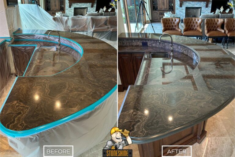 Before and after of a polished marble bar countertop in Laguna Niguel, showing the transformation from a dull surface to a glossy, reflective finish.