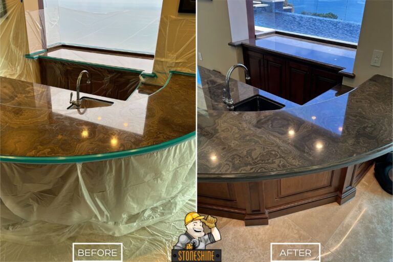 Marble bar countertop in Laguna Niguel before and after polishing, highlighting restored shine and smoothness around the sink area.