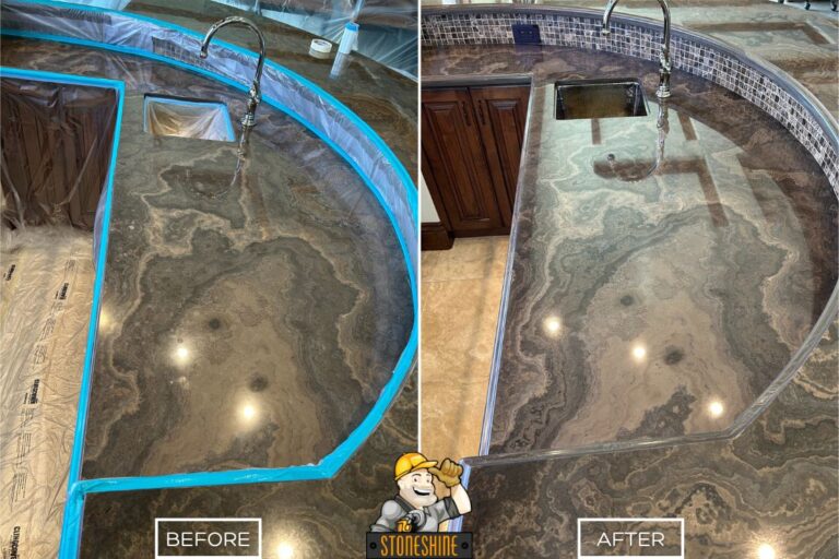 Close-up before and after of a marble bar countertop in Laguna Niguel, showing enhanced veining and a sleek polished finish after professional restoration.