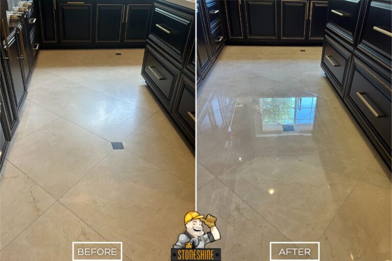 Before and after of marble kitchen floor restoration in Irvine showing dull stone transformed into a polished, mirror-like surface.