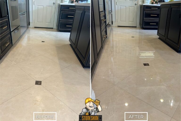 Marble floor refinishing in Irvine kitchen with scratches removed, polished finish, and enhanced brightness after professional restoration.