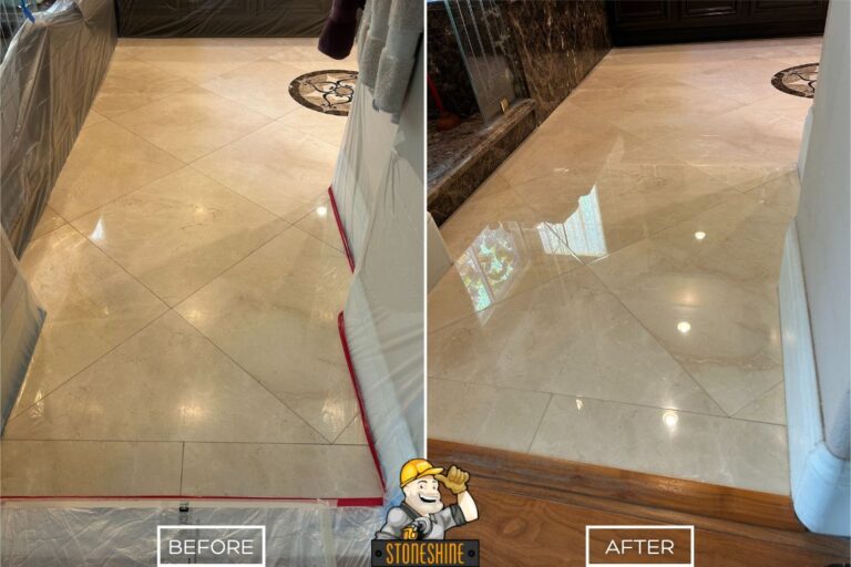 Marble entryway floor in Irvine restored from dull and worn to smooth and glossy with polishing and sealing.