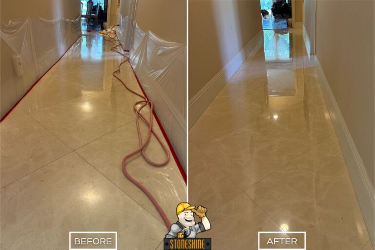 Hallway marble floor restoration in Irvine, showing scratched stone revived to a reflective, polished finish after deep cleaning and sealing.