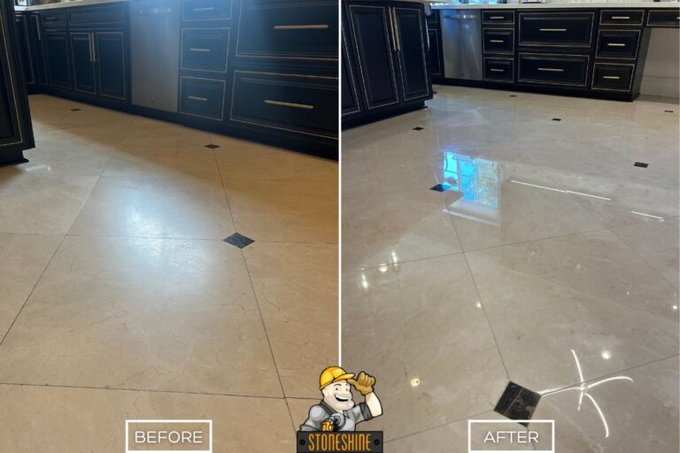 Kitchen marble floor in Irvine with dark inlays restored to brilliant shine, polished clarity, and long-lasting protection.