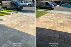 Travertine driveway restoration project in Huntington Beach