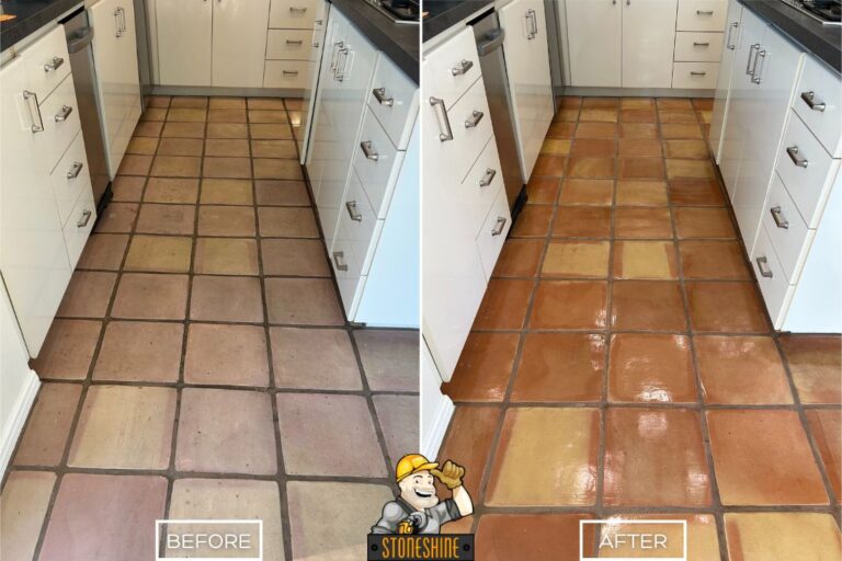 Before and after comparison of a kitchen floor with Saltillo tiles, showing the left side dull and faded, and the right side restored with rich color and glossy finish.