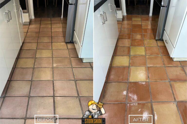 Side-by-side view of a narrow kitchen floor where Saltillo tiles were cleaned and sealed, transforming from worn and stained to vibrant with a protective shine.