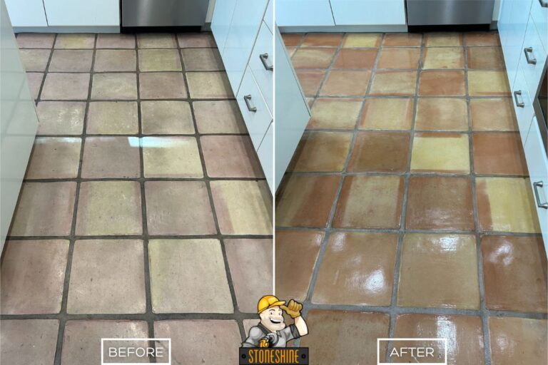Kitchen floor before and after restoration, highlighting Saltillo tiles restored from dull and uneven to enhanced earthy tones with a smooth, sealed surface.