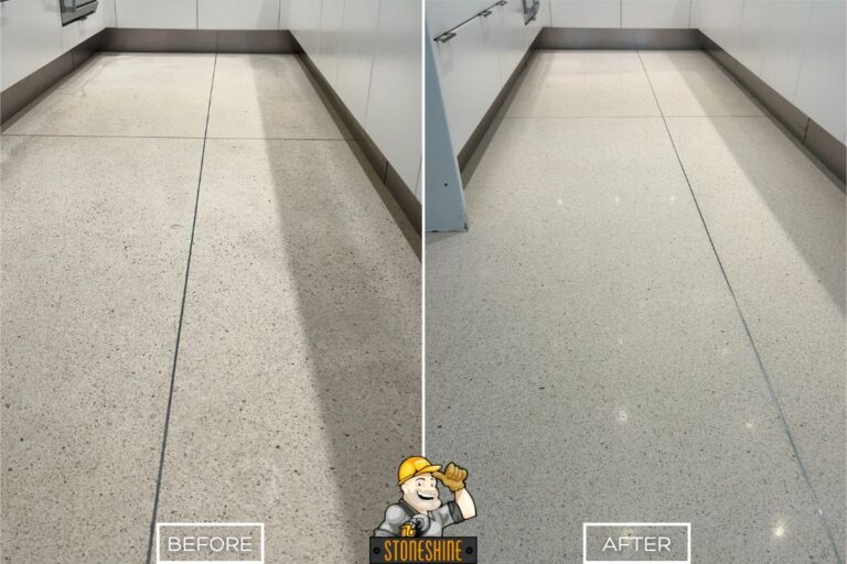 Terrazzo kitchen floor restoration in Los Angeles with visible improvement, changing from worn and stained surface to bright, smooth, and polished flooring.