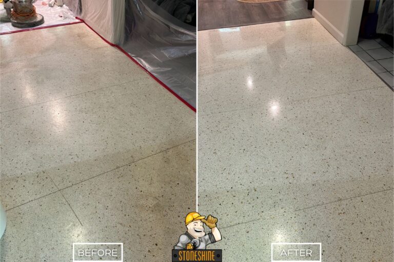 Before and after terrazzo floor restoration in Orange showing transformation from a dull, stained surface to a polished, reflective finish after cleaning, sanding, and sealing.