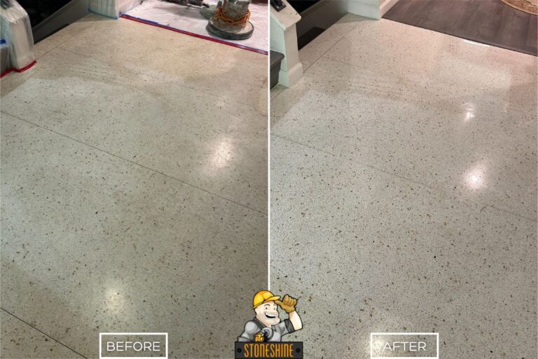 Terrazzo floor refinishing in Orange with before and after results, highlighting the removal of scratches and buildup to achieve a bright, durable, polished surface.