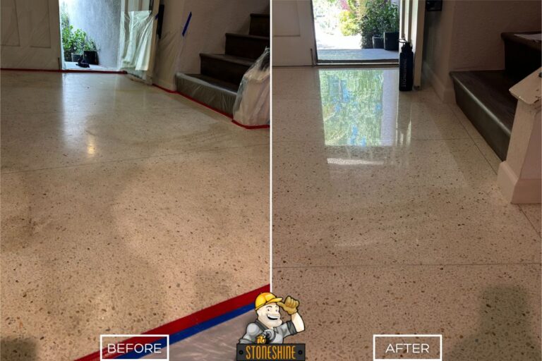 Before and after terrazzo floor restoration in Orange entryway, where deep cleaning, buffing, and sealing created a sleek, glossy, and welcoming appearance.