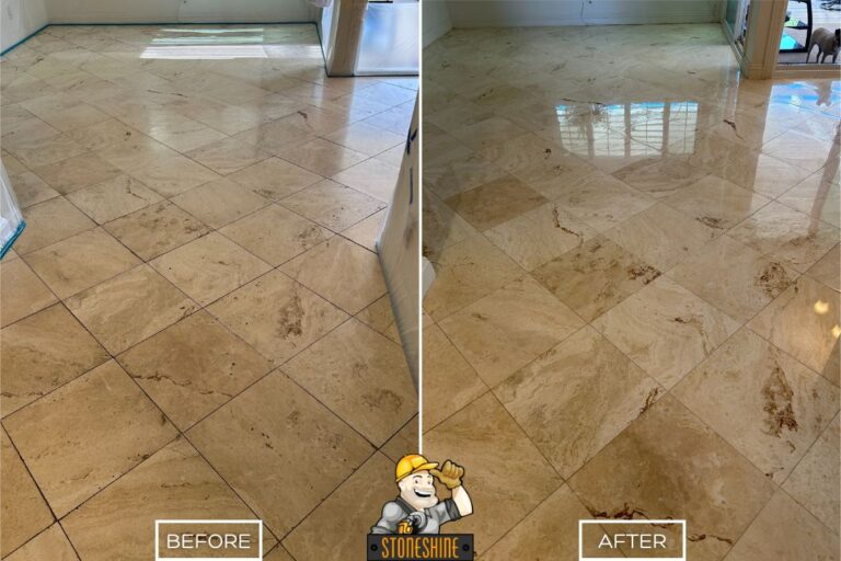 Before and after of StoneShine's travertine floor restoration in Laguna Beach. A dull, etched floor polished to a smooth, glossy finish.