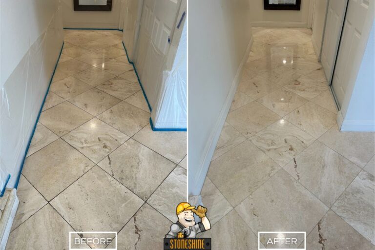 StoneShine's travertine floor restoration in Laguna Beach. Worn hallway tiles restored to a polished, reflective surface with enhanced natural color.