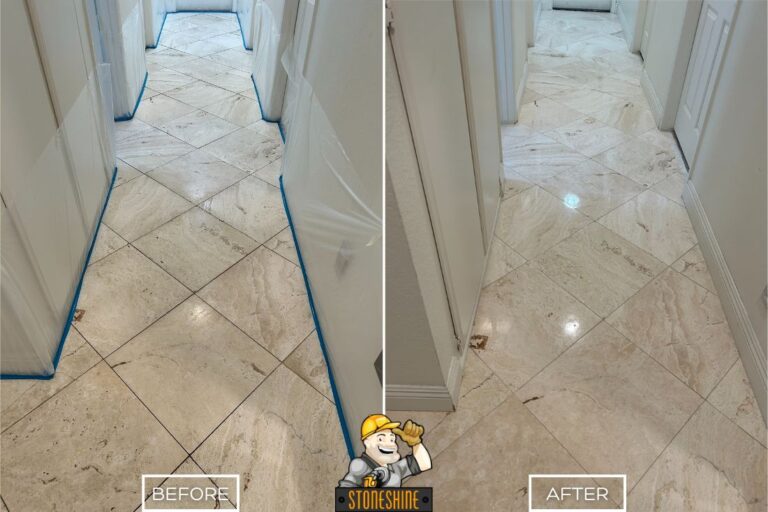 Before and after of travertine floor restoration by StoneShine in Laguna Beach. Dull tiles with stains build up along grout lines restored to a polished, clean, and refreshed finish.