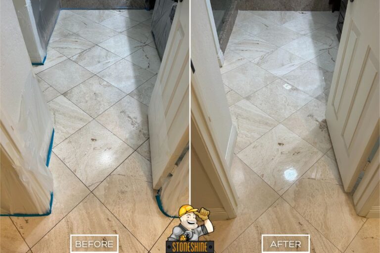 StoneShine's travertine floor restoration in Laguna Beach. Dull and stained floor in the bathroom polished to a bright, smooth, and elegant finish.