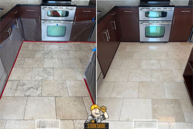 Before and after of a kitchen travertine floor in Laguna Niguel showing stained, dull tiles restored to a smooth, clean, and polished finish.