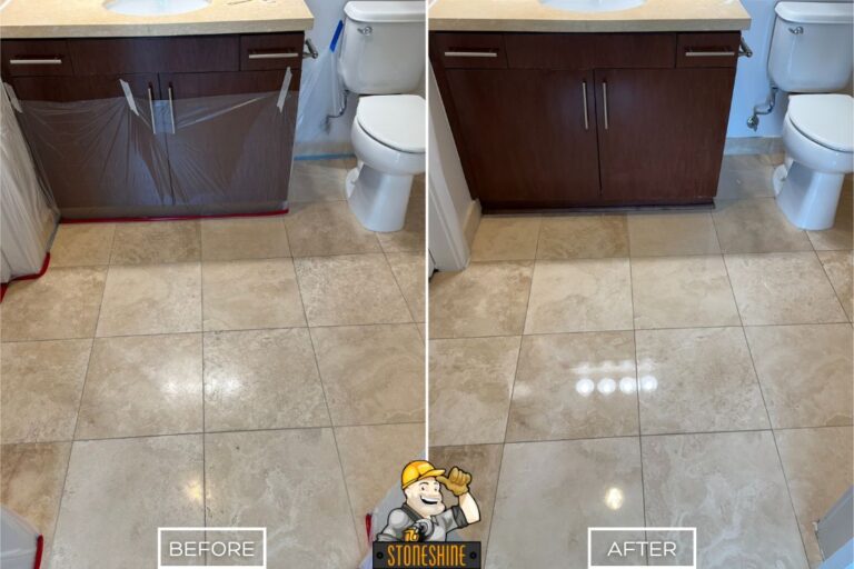 Travertine bathroom floor in Laguna Niguel shown before and after restoration, with dull tiles transformed into a shiny, uniform surface.