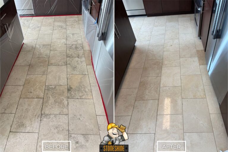 Side-by-side comparison of a kitchen hallway in Laguna Niguel where worn, discolored travertine tiles were restored to a bright, elegant finish.