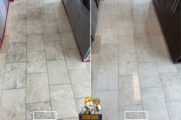 Close-up before and after of travertine tiles in a Laguna Niguel kitchen showing stains and scratches removed, leaving a smooth polished surface.