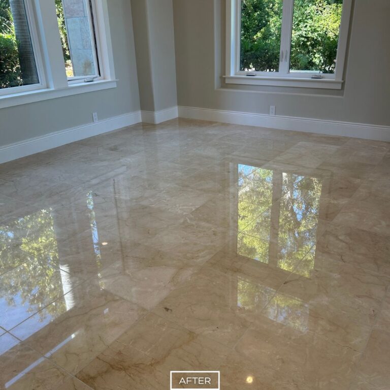 Polished marble floor in Irvine home with smooth glossy surface